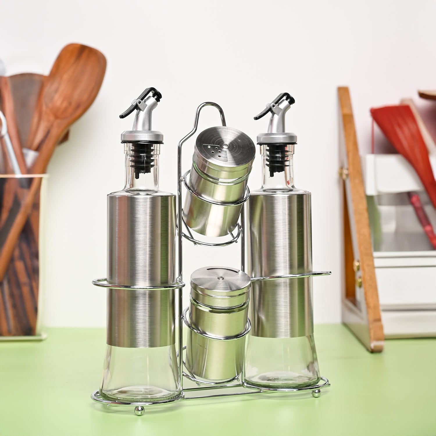 VON CASA Condiment Set Salt & Pepper with 2 Oil Dispenser Set with Stand - Stainless Steel Glossy Finish