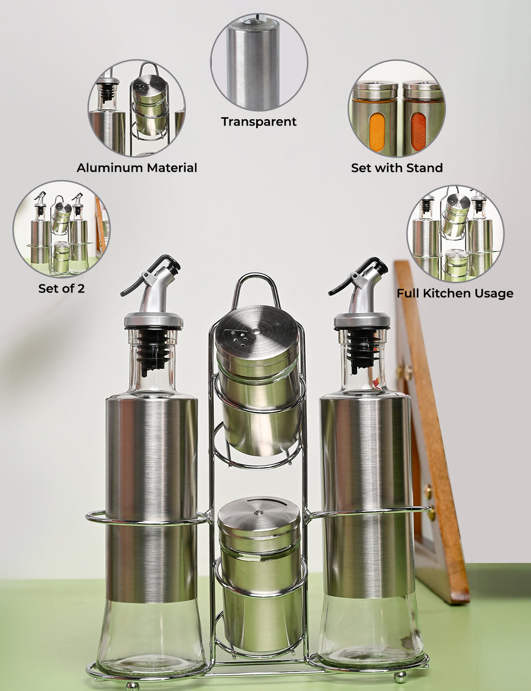 VON CASA Condiment Set Salt & Pepper with 2 Oil Dispenser Set with Stand - Stainless Steel Glossy Finish - MARKET99