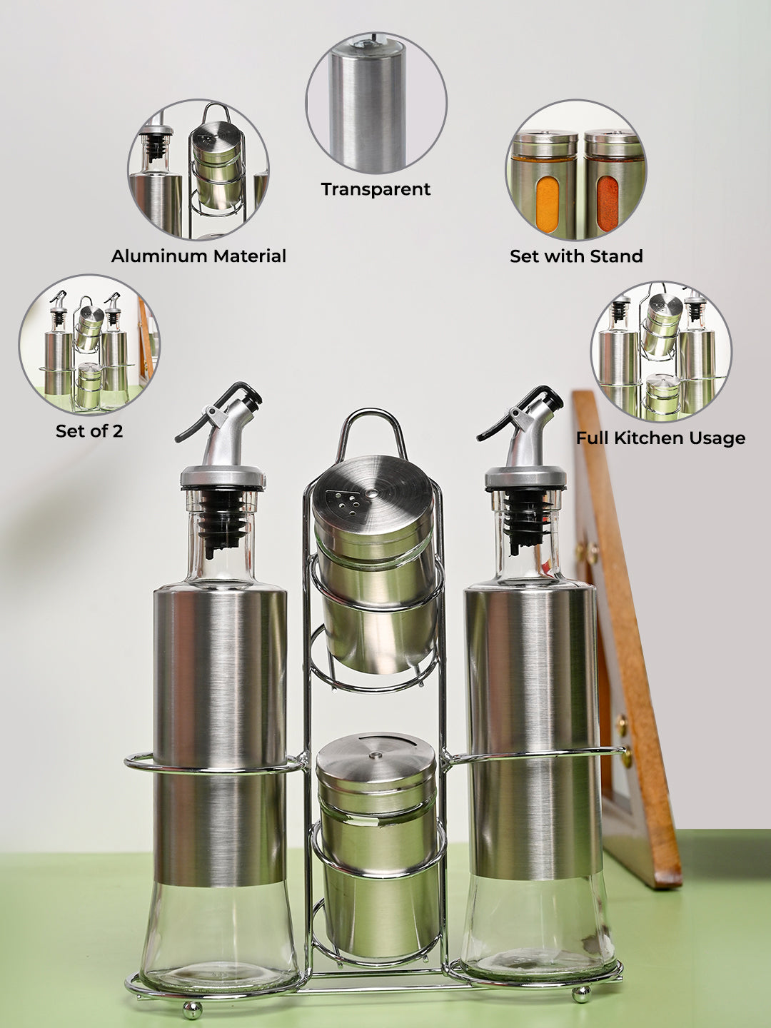 VON CASA Condiment Set Salt & Pepper with 2 Oil Dispenser Set with Stand - Stainless Steel Glossy Finish - MARKET99