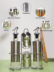 VON CASA Condiment Set Salt & Pepper with 2 Oil Dispenser Set with Stand - Stainless Steel Glossy Finish - MARKET99