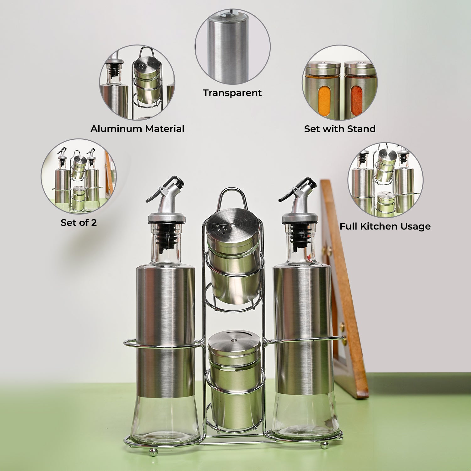 VON CASA Condiment Set Salt & Pepper with 2 Oil Dispenser Set with Stand - Stainless Steel Glossy Finish