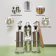 VON CASA Condiment Set Salt & Pepper with 2 Oil Dispenser Set with Stand - Stainless Steel Glossy Finish