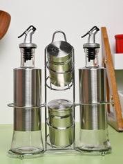 VON CASA Condiment Set Salt & Pepper with 2 Oil Dispenser Set with Stand - Stainless Steel Glossy Finish - MARKET99