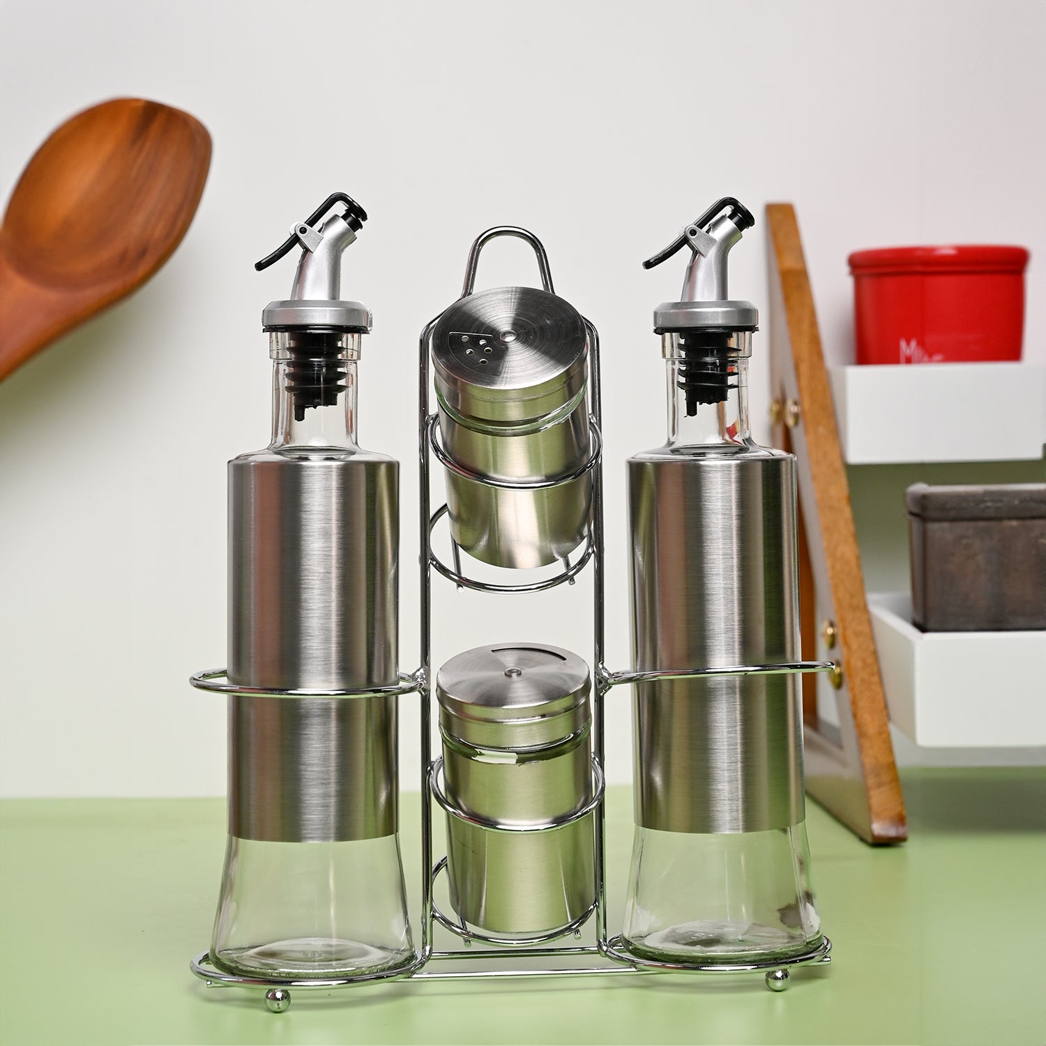 VON CASA Condiment Set Salt & Pepper with 2 Oil Dispenser Set with Stand - Stainless Steel Glossy Finish