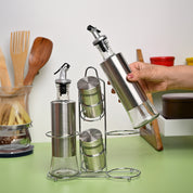 VON CASA Condiment Set Salt & Pepper with 2 Oil Dispenser Set with Stand - Stainless Steel Glossy Finish