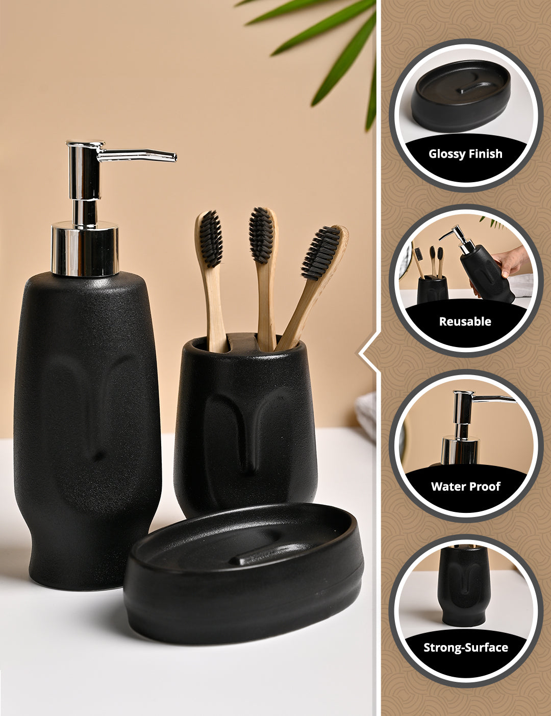 VON CASA 3Pcs Black Ceramic Bathroom Set - MARKET99