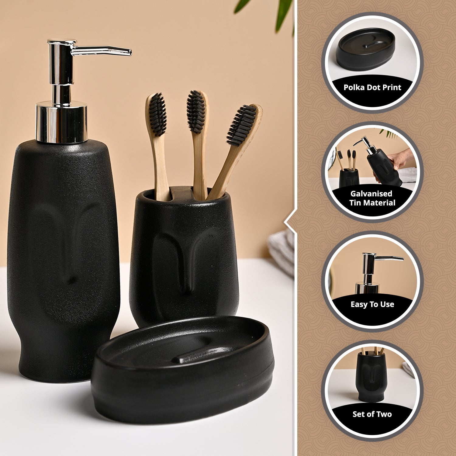 VON CASA 3Pcs Black Ceramic Bathroom Set