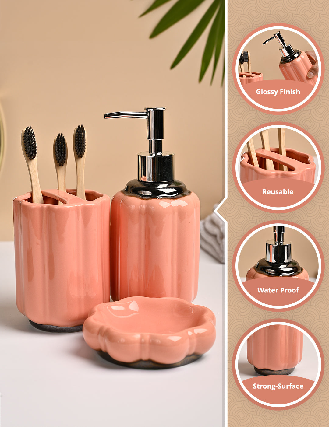 VON CASA 3Pcs Peach Printed Ceramic Bathroom Set - MARKET99