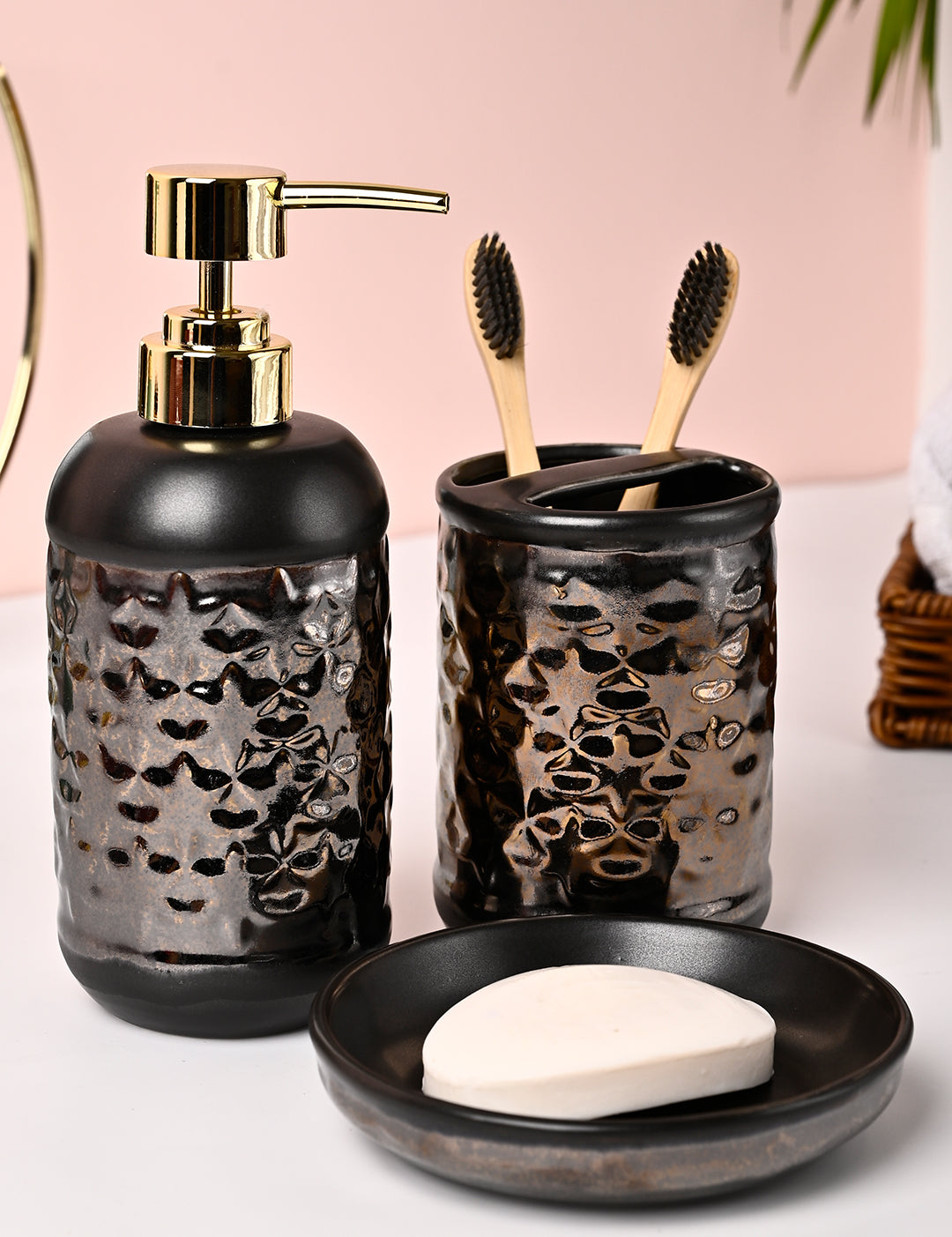 VON CASA 3Pcs Back & Gold Ceramic Bathroom Set - MARKET99