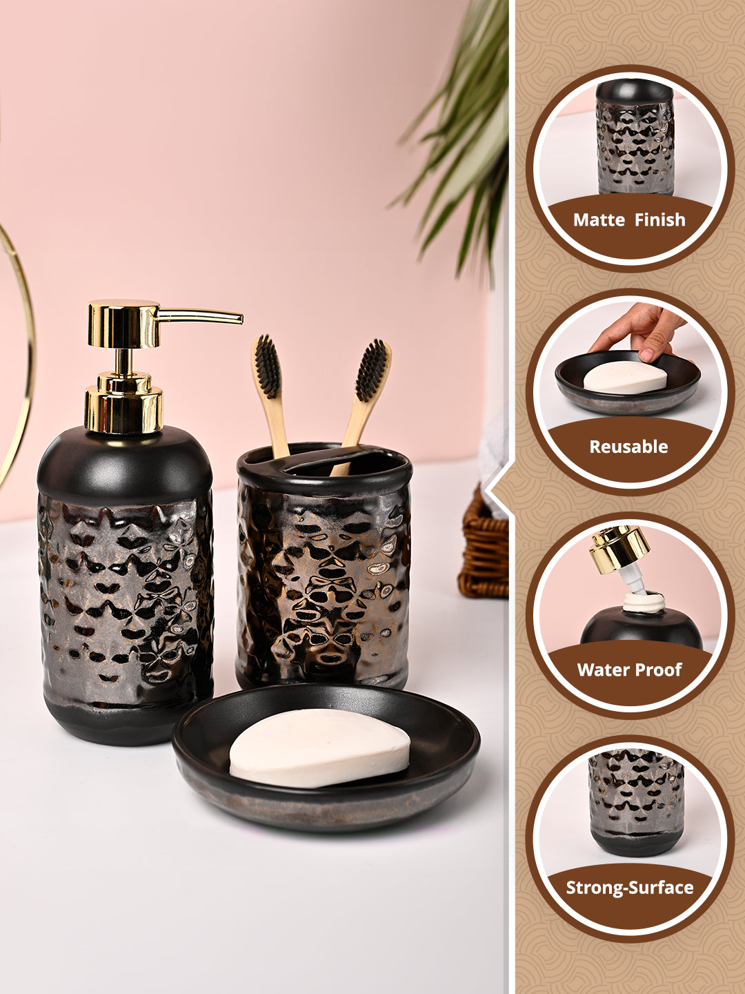 VON CASA 3Pcs Back & Gold Ceramic Bathroom Set - MARKET99