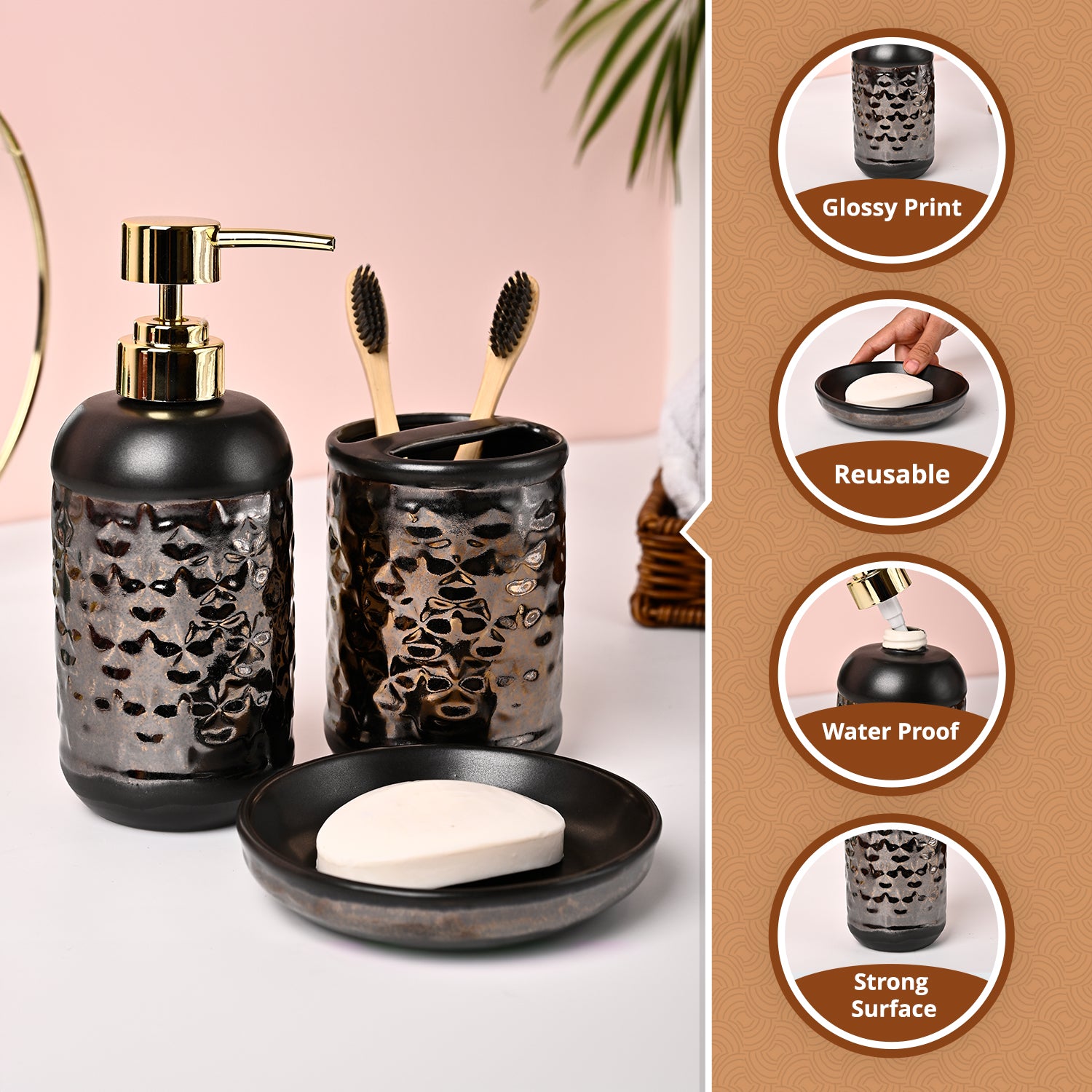 VON CASA 3Pcs Back & Gold Ceramic Bathroom Set