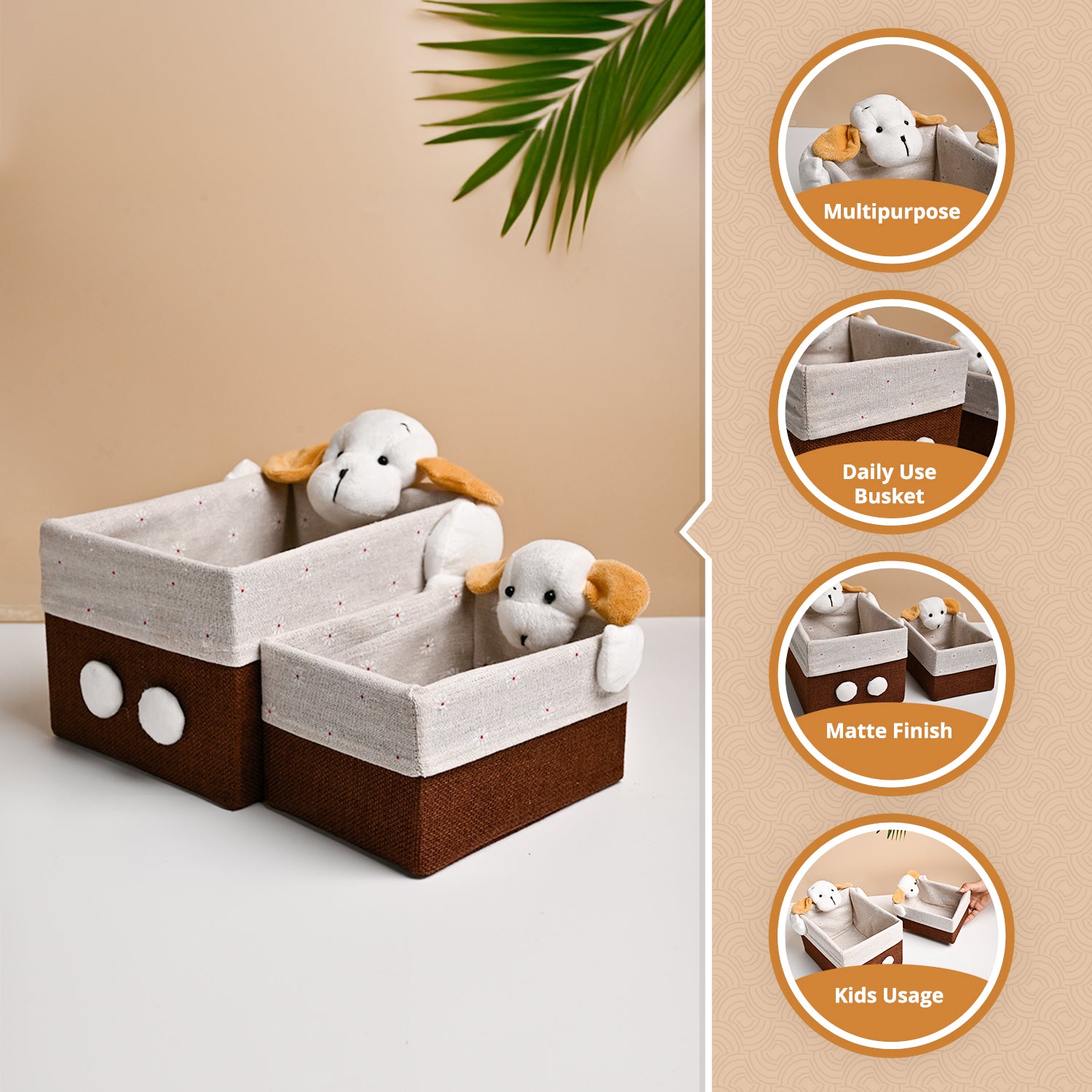 VON CASA Multi Purpose 2Pcs Fabric Basket / Organizer- Teddy Face Design
