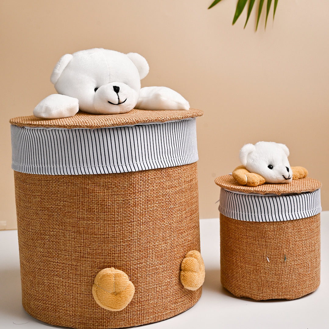 VON CASA Multi Purpose 2Pcs Round Fabric Basket - Teddy Face Design - MARKET99