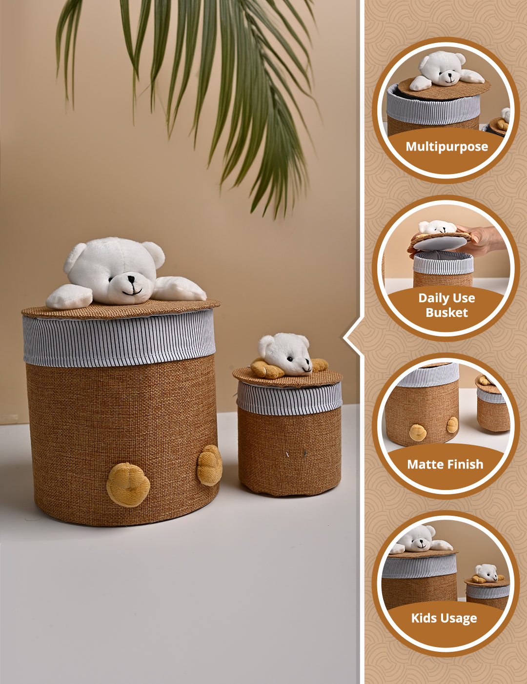 VON CASA Multi Purpose 2Pcs Round Fabric Basket - Teddy Face Design - MARKET99