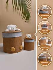 VON CASA Multi Purpose 2Pcs Round Fabric Basket - Teddy Face Design - MARKET99