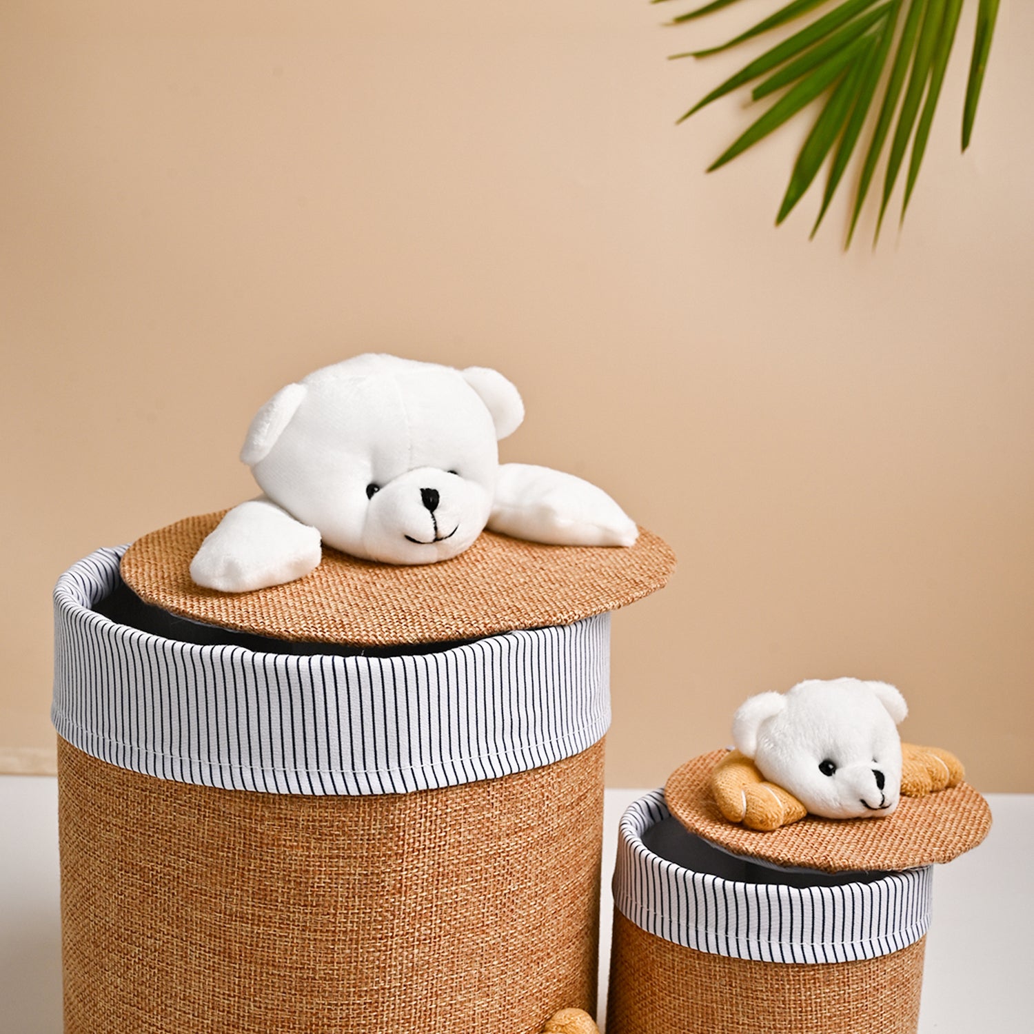 VON CASA Multi Purpose 2Pcs Round Fabric Basket - Teddy Face Design