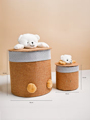 VON CASA Multi Purpose 2Pcs Round Fabric Basket - Teddy Face Design - MARKET99