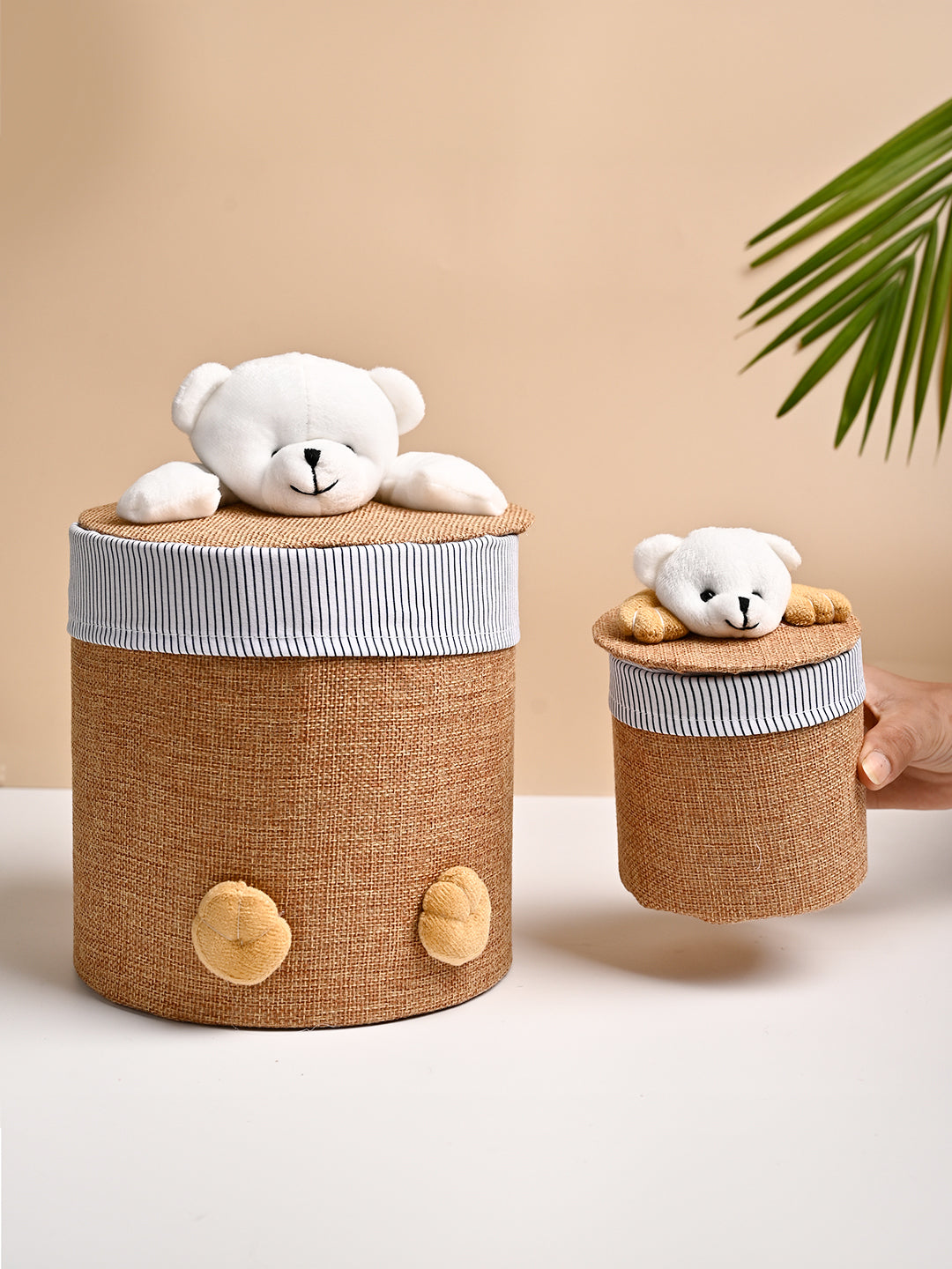 VON CASA Multi Purpose 2Pcs Round Fabric Basket - Teddy Face Design - MARKET99