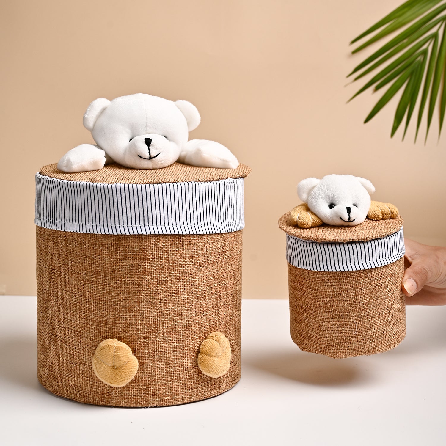 VON CASA Multi Purpose 2Pcs Round Fabric Basket - Teddy Face Design