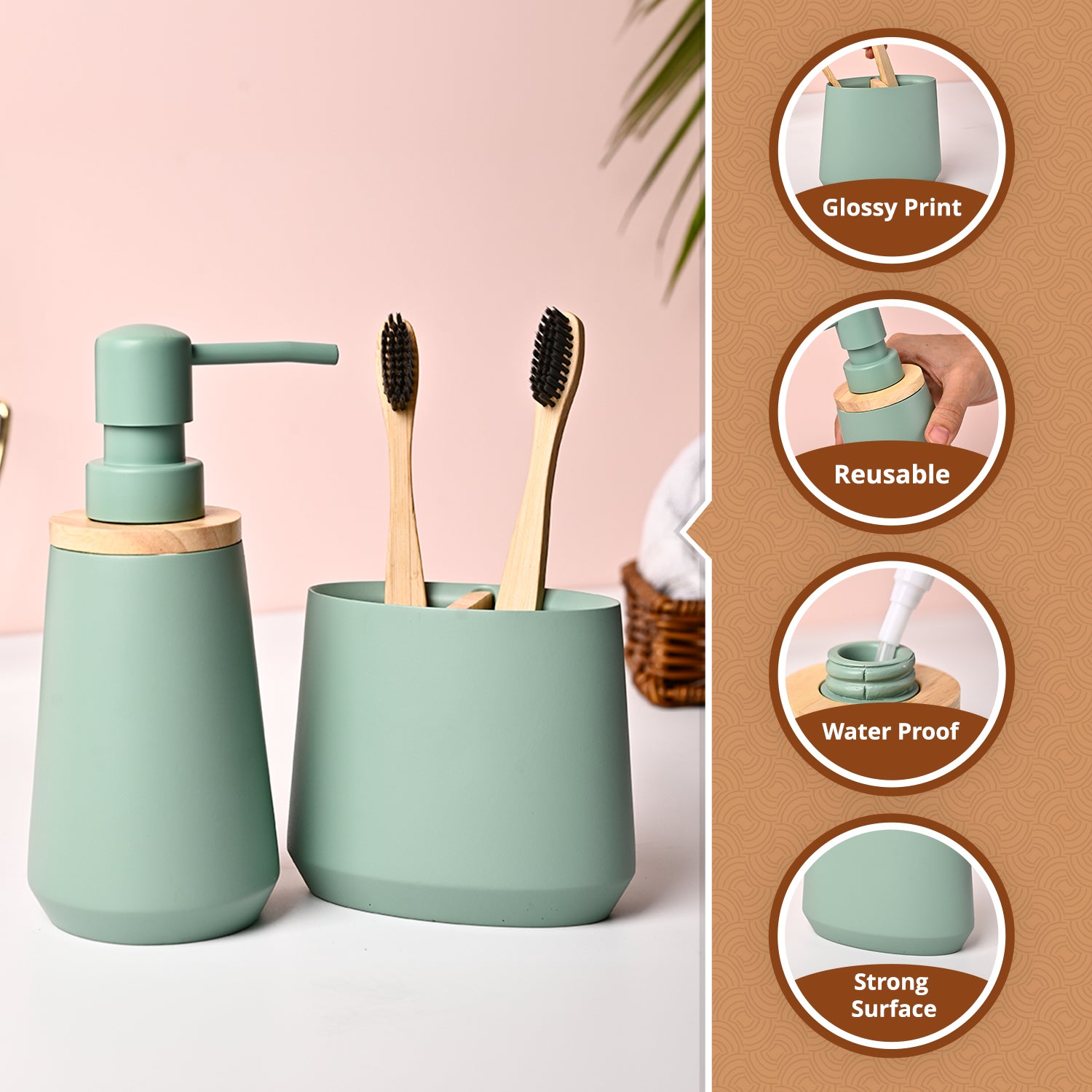 VON CASA 2Pcs Green Polyresin Bathroom Set