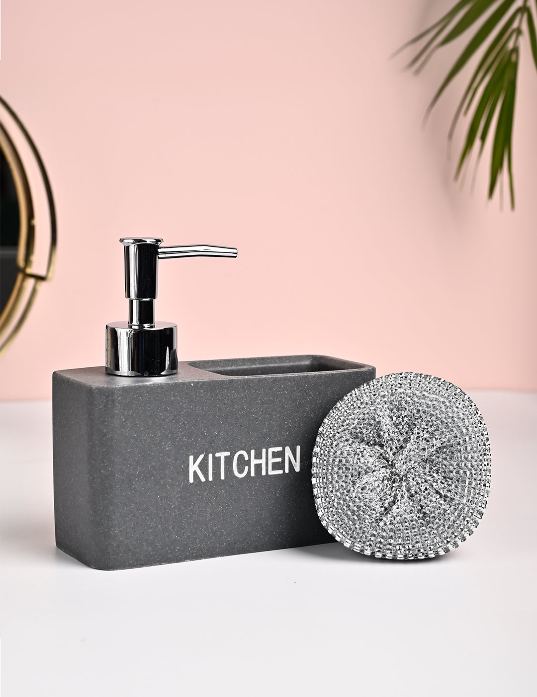 MARKET99 Grey Polyresin Soap Dispenser With Scourer- 130ml - MARKET99