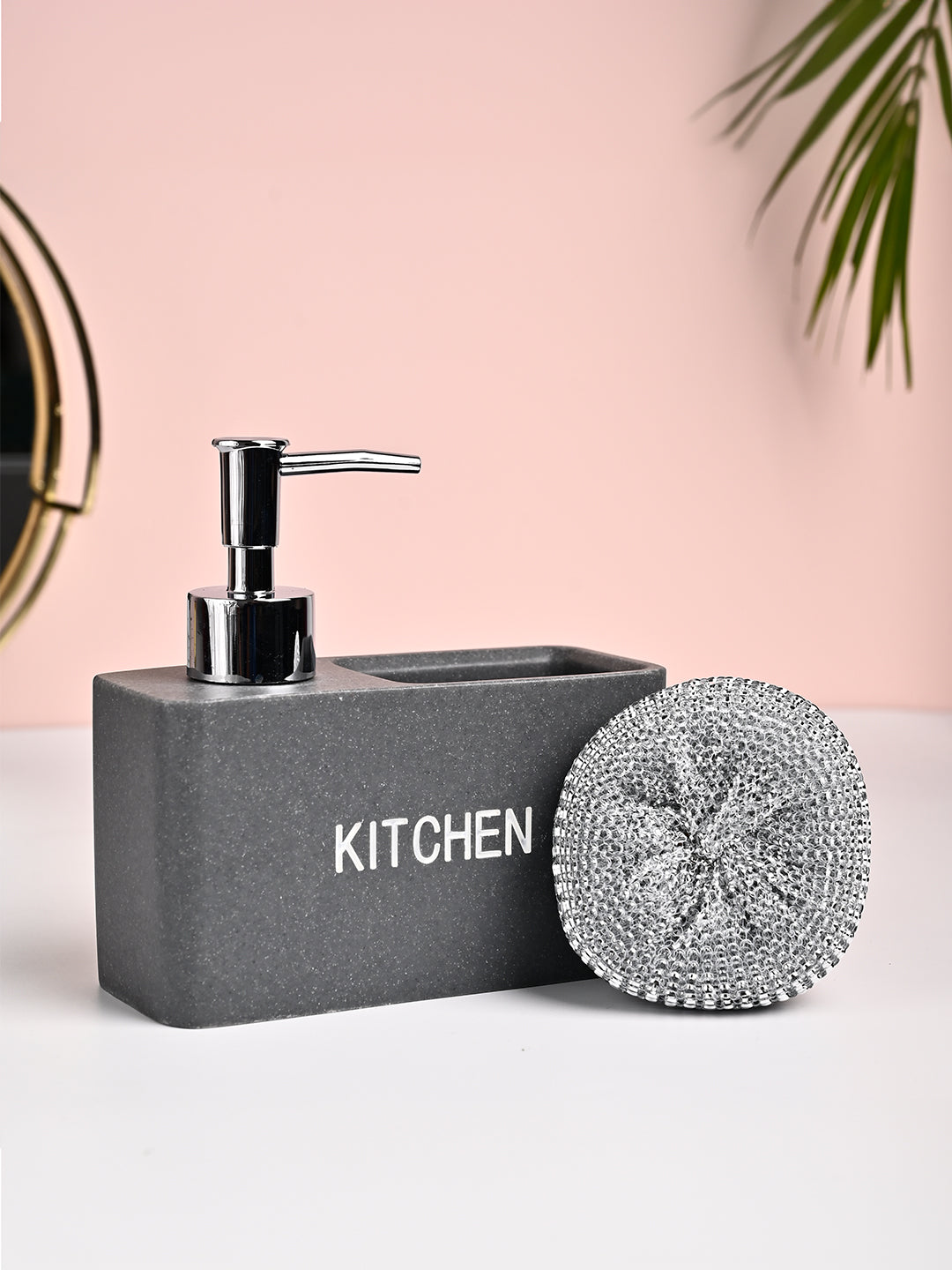 MARKET99 Grey Polyresin Soap Dispenser With Scourer- 130ml - MARKET99