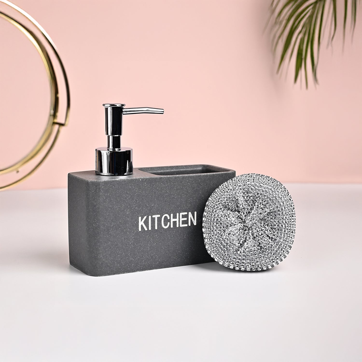 MARKET99 Grey Polyresin Soap Dispenser With Scourer- 130ml