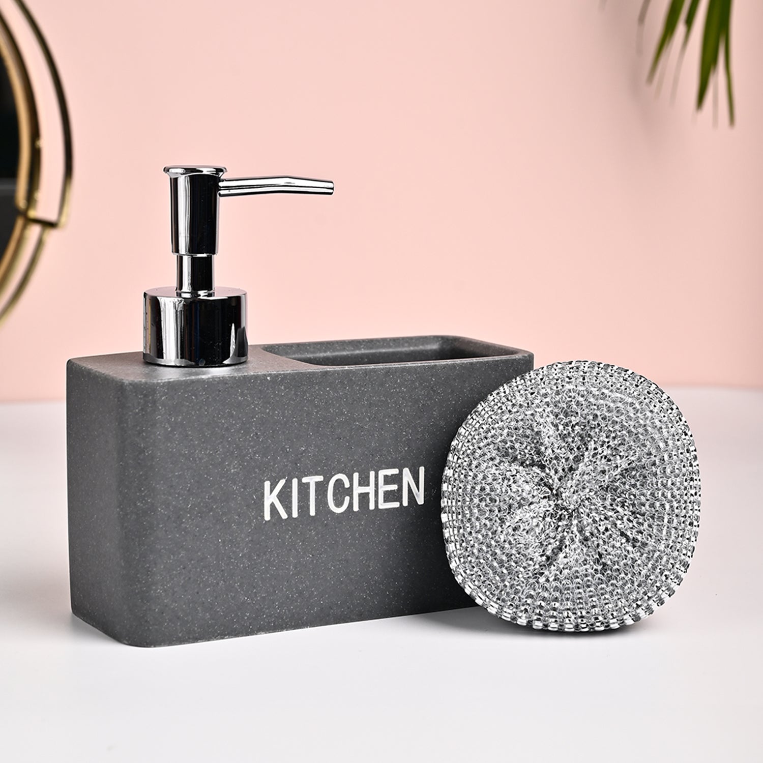 MARKET99 Grey Polyresin Soap Dispenser With Scourer- 130ml