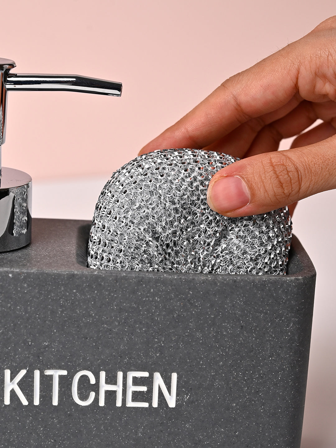 MARKET99 Grey Polyresin Soap Dispenser With Scourer- 130ml - MARKET99