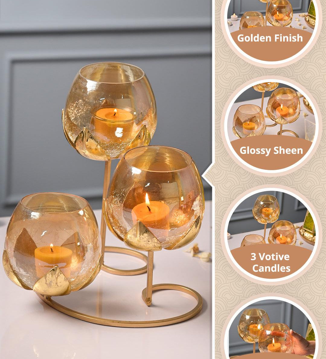 VON CASA Arch 3 Lotus Tealight Candle Holder with Glass Votive - MARKET99