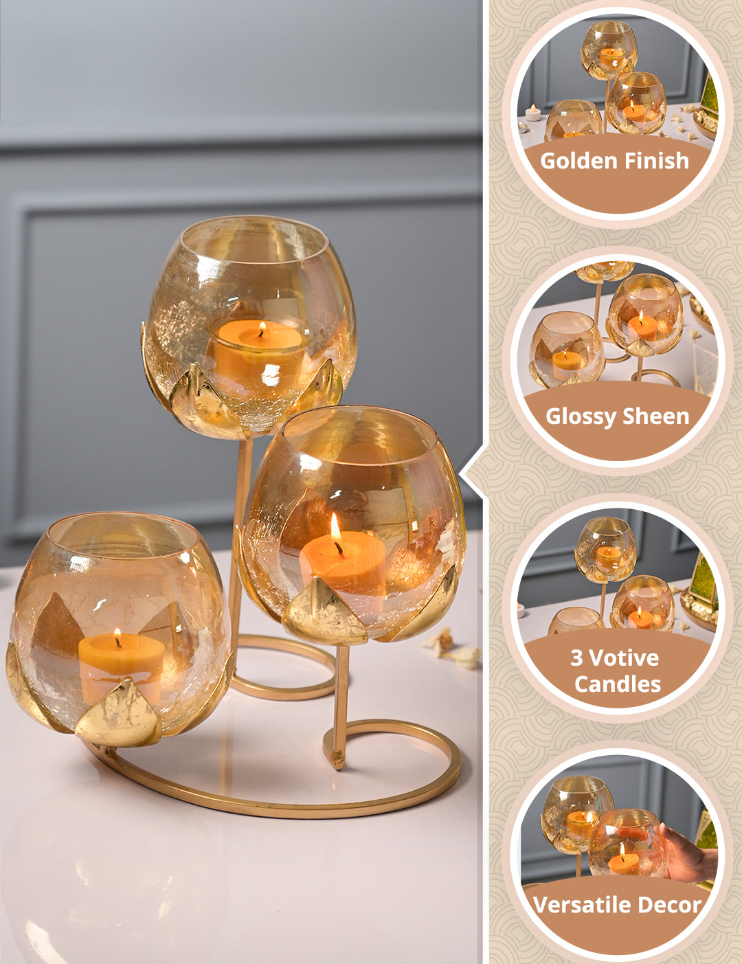 VON CASA Arch 3 Lotus Tealight Candle Holder with Glass Votive - MARKET99