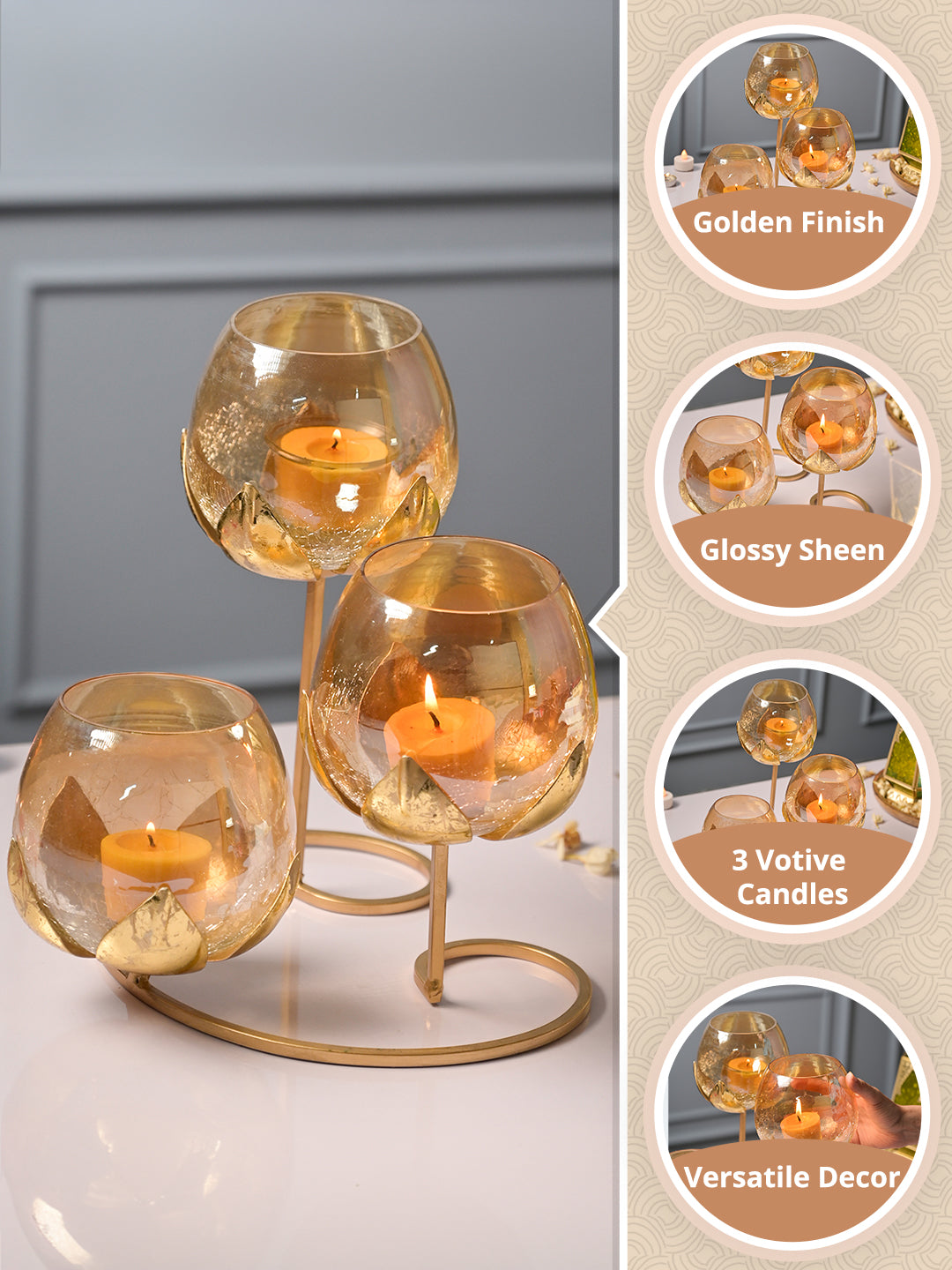 VON CASA Arch 3 Lotus Tealight Candle Holder with Glass Votive - MARKET99