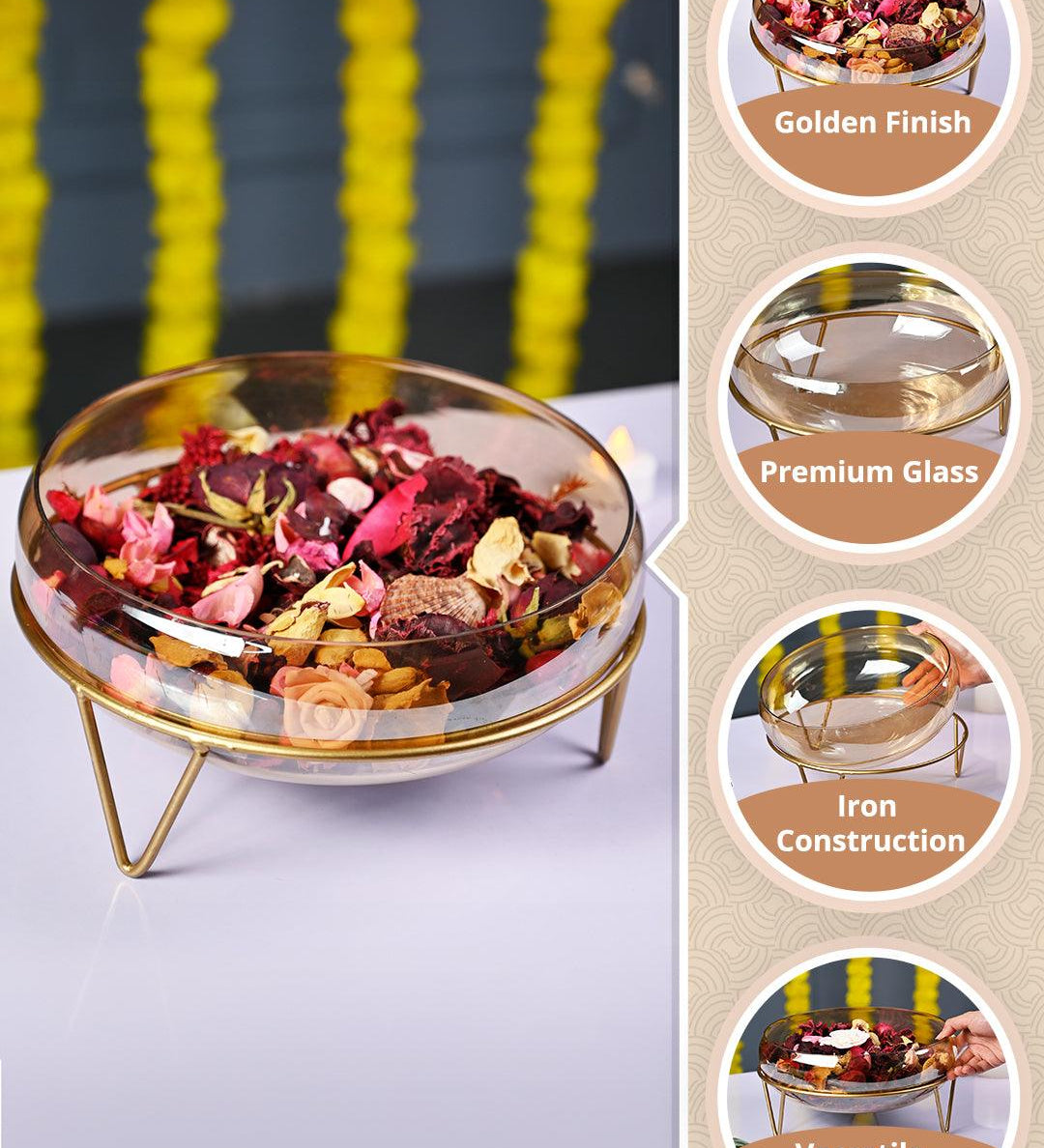VON CASA Decorative Glass Bowl on Metal Stand - MARKET99