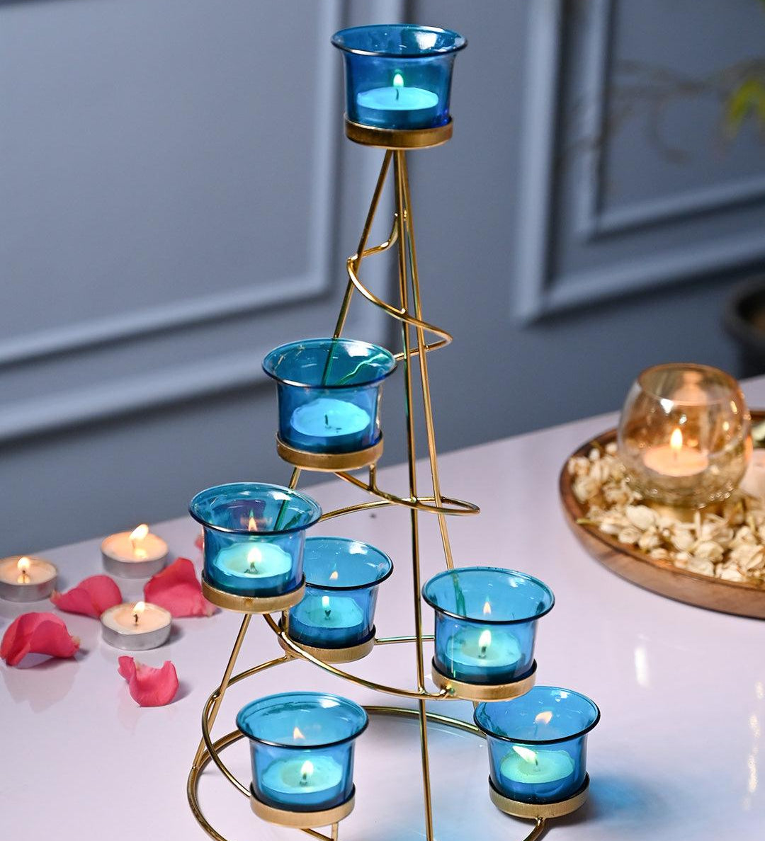 VON CASA Turquoise 7 Votive Tree T- Light Holder - MARKET99