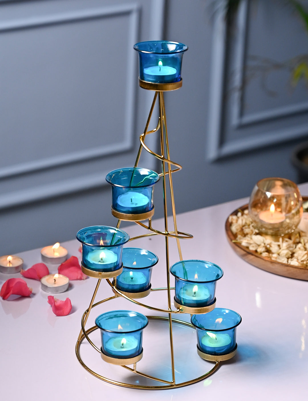 VON CASA Turquoise 7 Votive Tree T- Light Holder - MARKET99