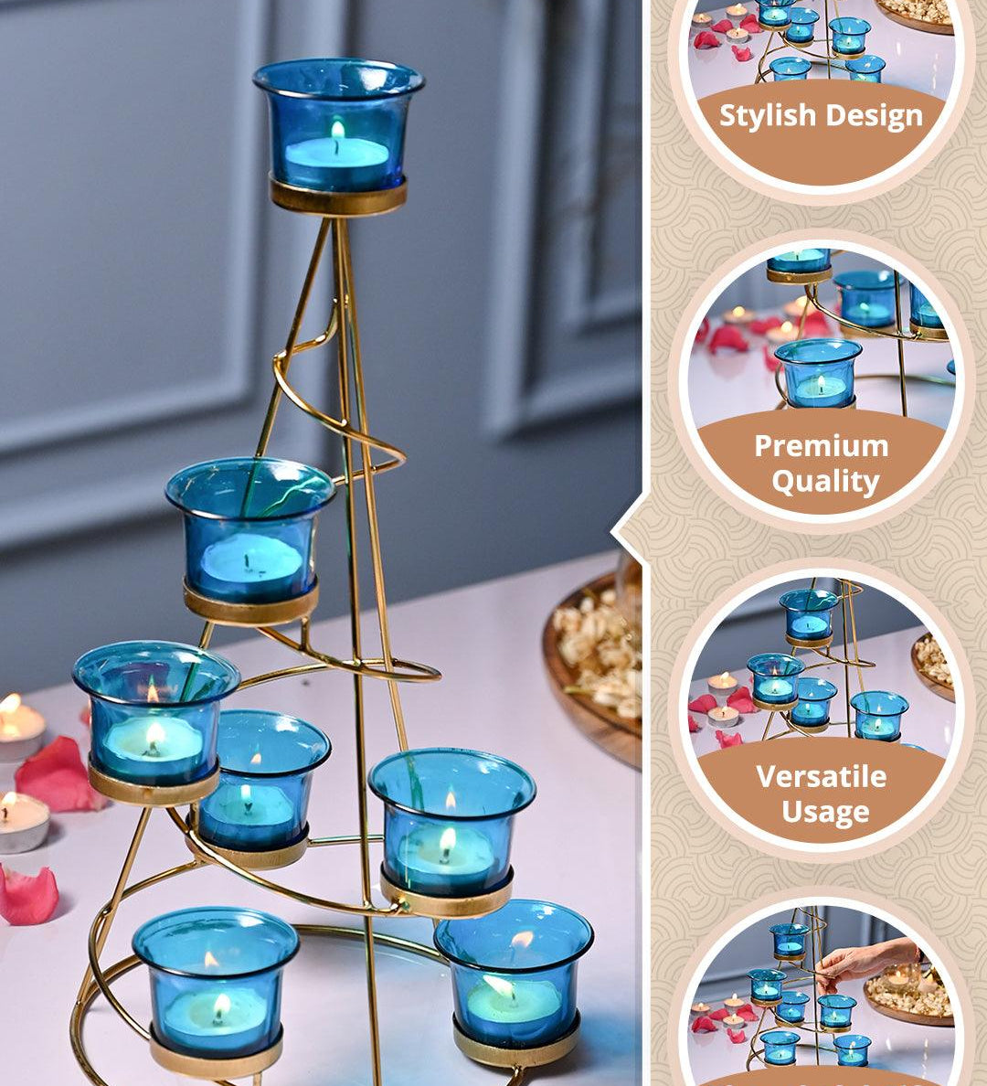 VON CASA Turquoise 7 Votive Tree T- Light Holder - MARKET99