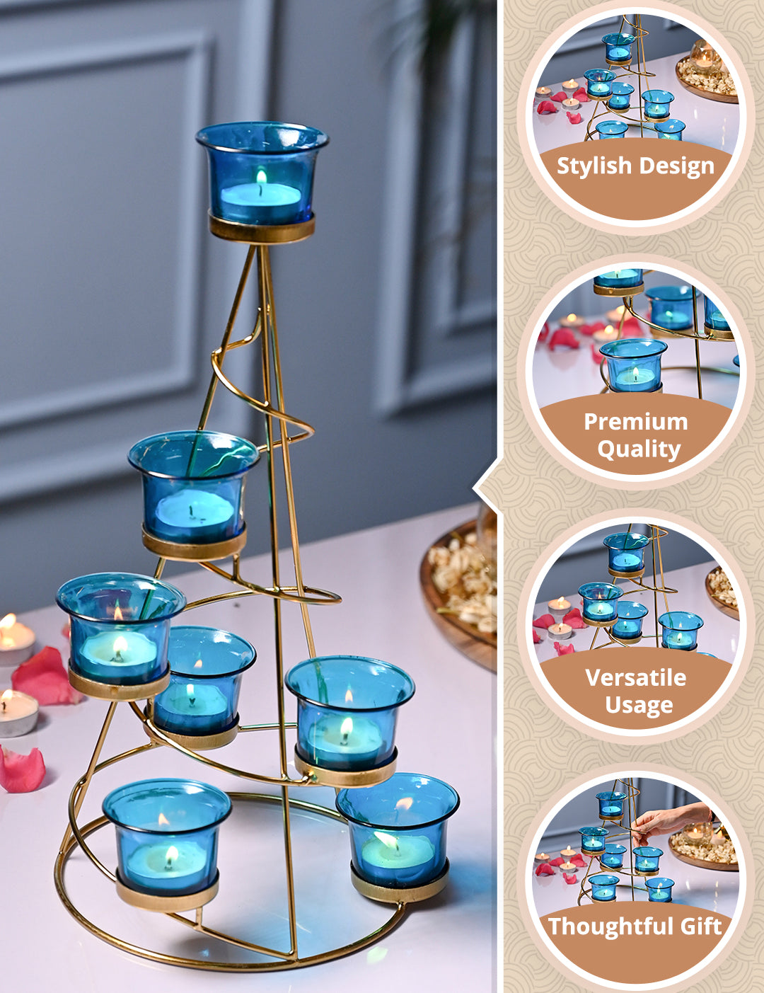 VON CASA Turquoise 7 Votive Tree T- Light Holder - MARKET99