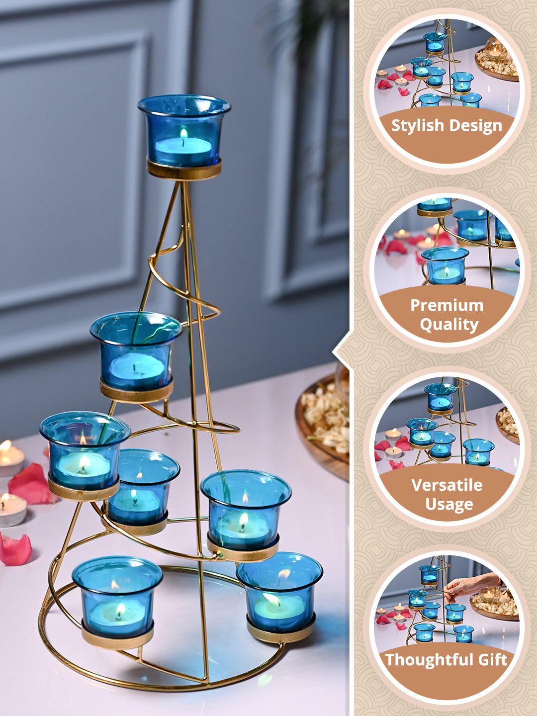 VON CASA Turquoise 7 Votive Tree T- Light Holder - MARKET99