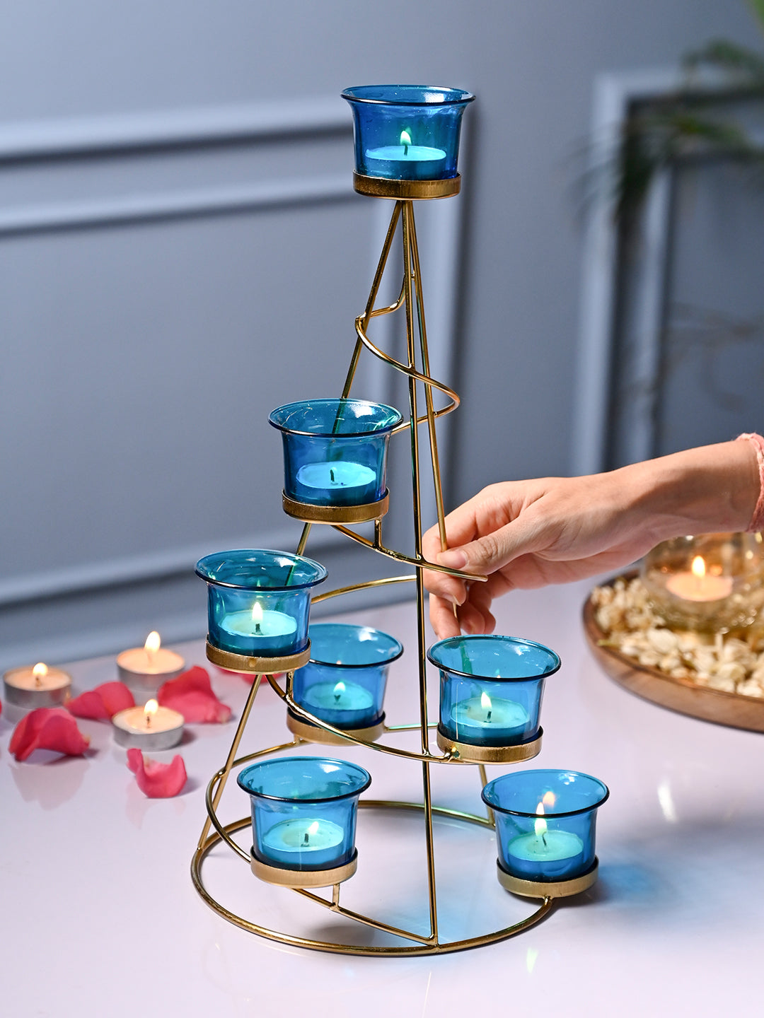 VON CASA Turquoise 7 Votive Tree T- Light Holder - MARKET99