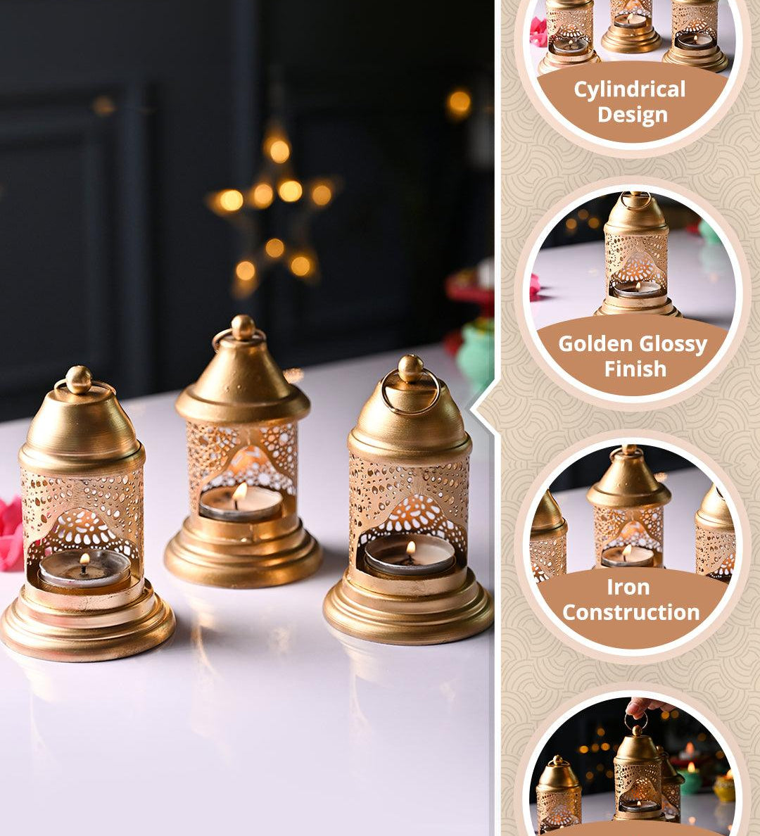 VON CASA Set Of 3 Iron Lantern Lamp with Tealight Candle Holder - MARKET99