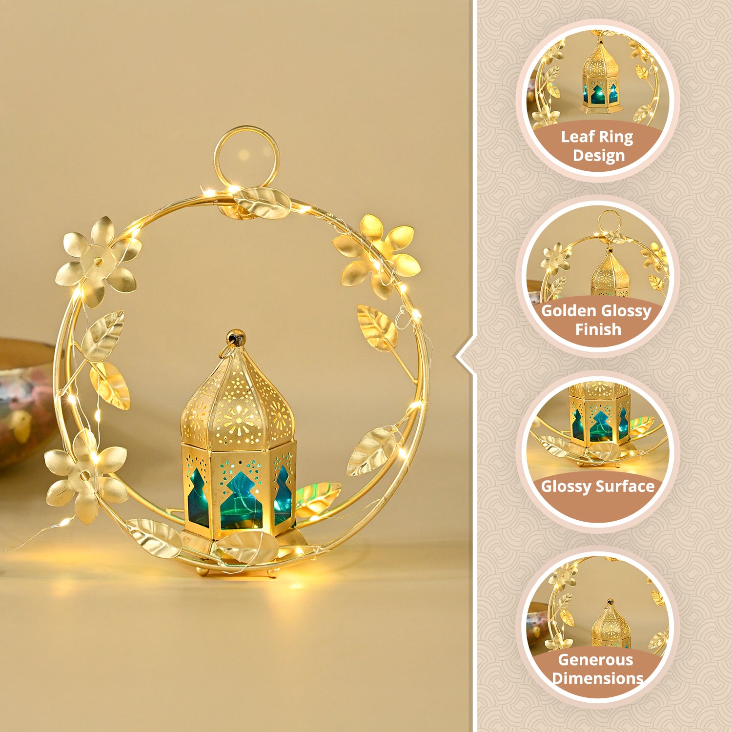 VON CASA Golden Iron Wreath Lantern