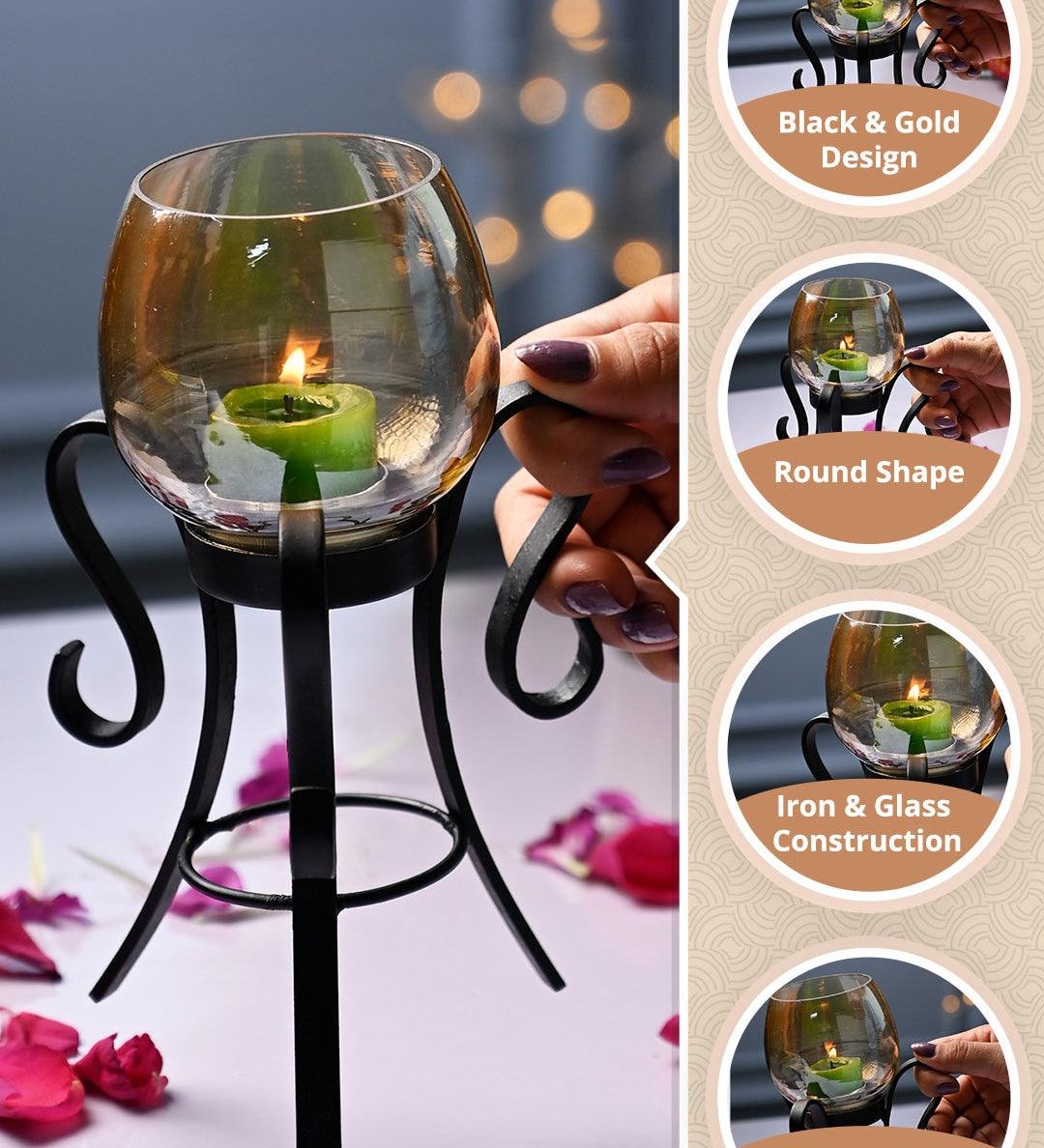 VON CASA Round Glass T- Light Holder With Stand - MARKET99