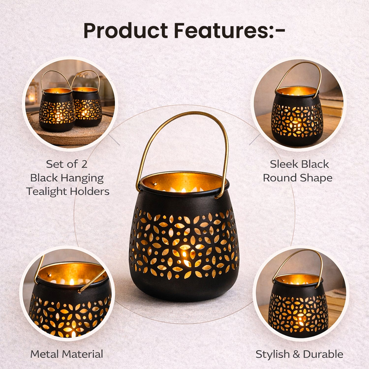 MARKET99 Black Hanging Tealight Holder Set Of 2