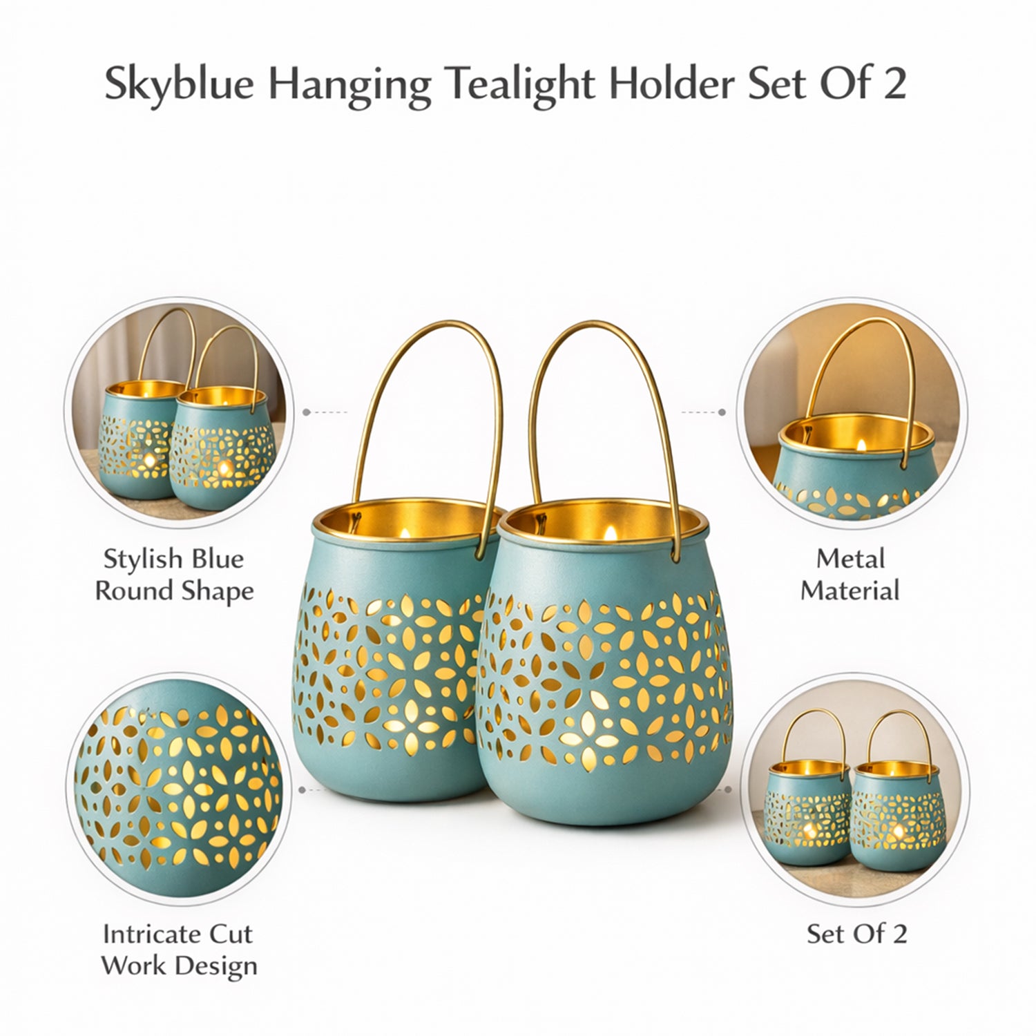 MARKET99 Skyblue Hanging Tealight Holder Set Of 2