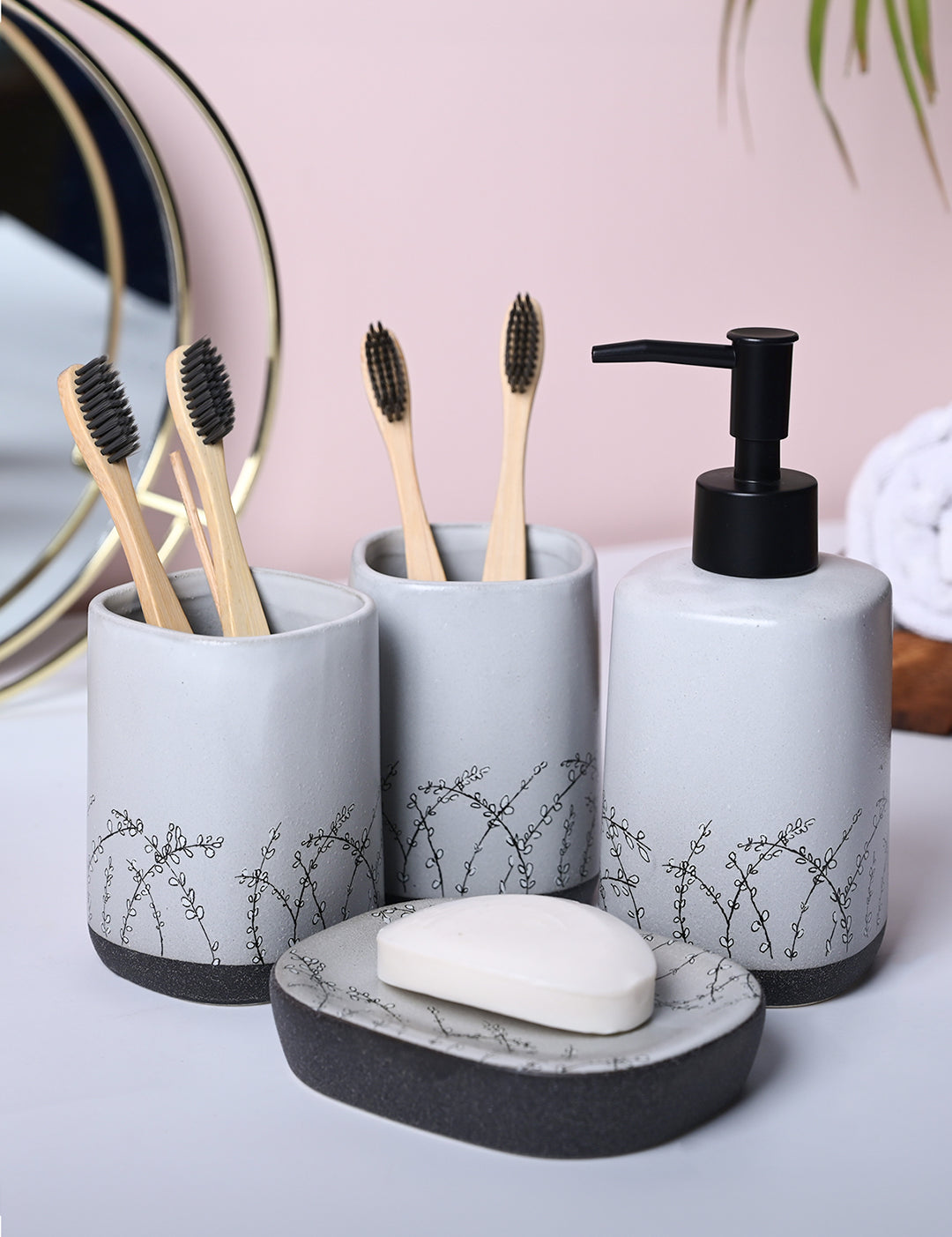 Grey Ceramic Bathroom Essentials - Cylindrical, Square, and Rectangular Shapes - MARKET99