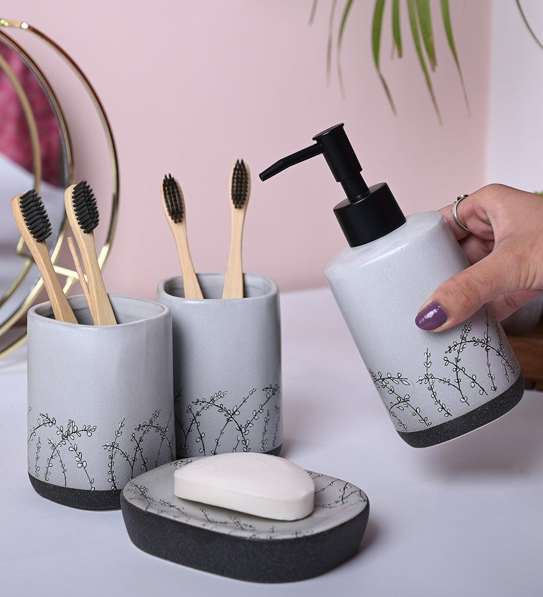 Grey Ceramic Bathroom Essentials - Cylindrical, Square, and Rectangular Shapes - MARKET99