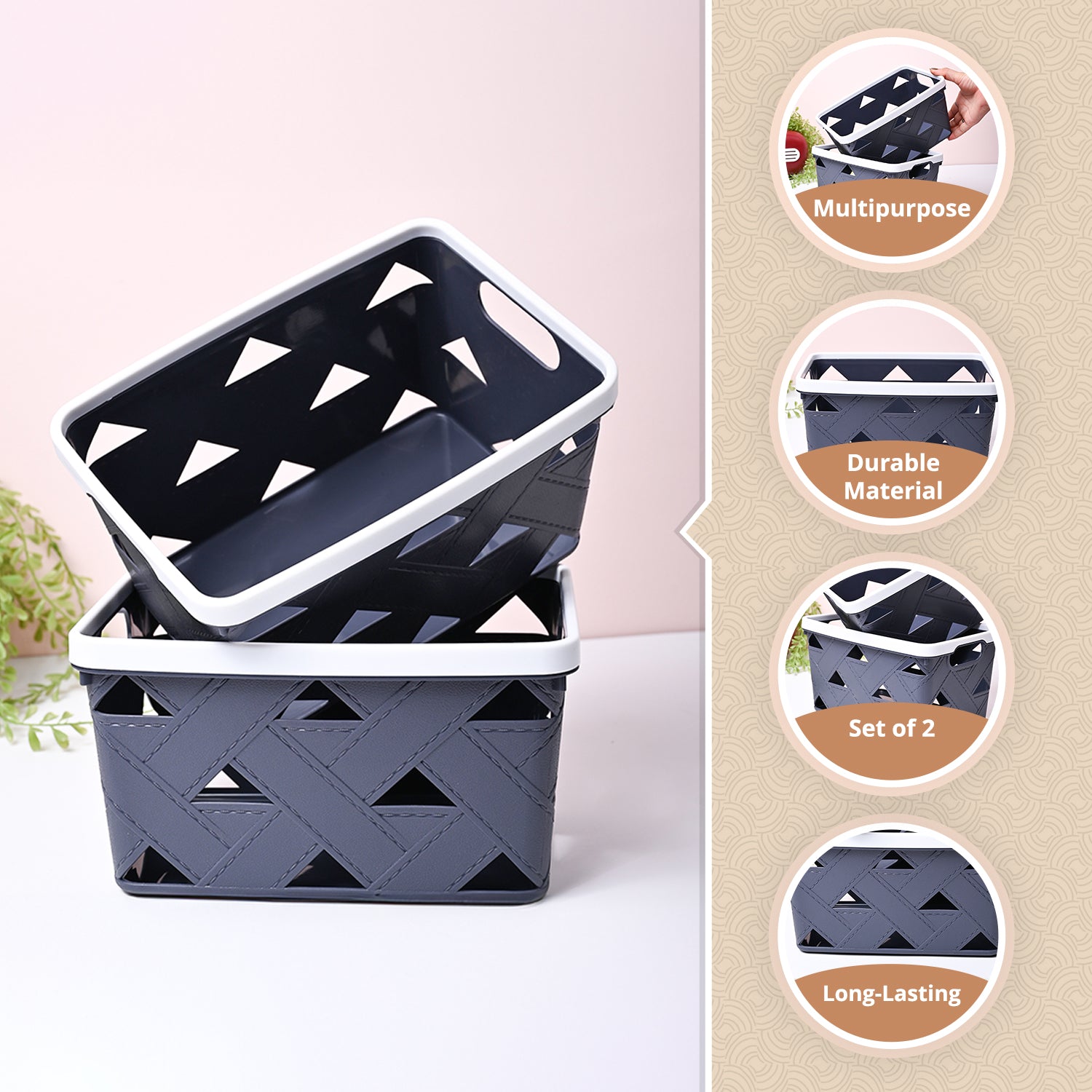 Grey Rectangle Baskets (Set of 2)