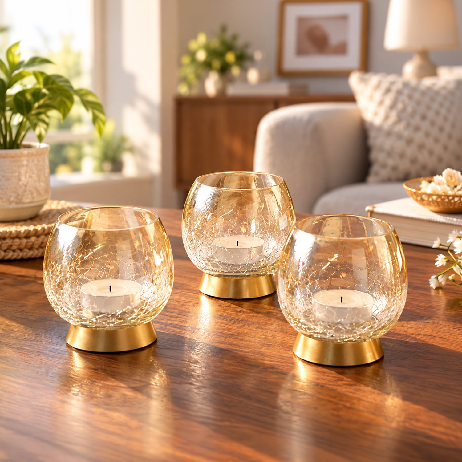 VON CASA Transparent Round Shape T-Light Holder - Set of 3