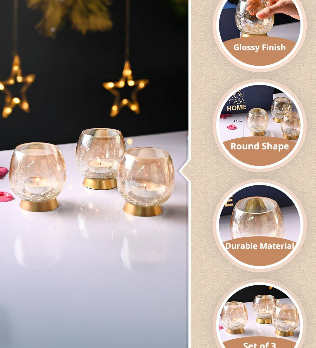 VON CASA Transparent Round Shape T-Light Holder - Set of 3 - MARKET99