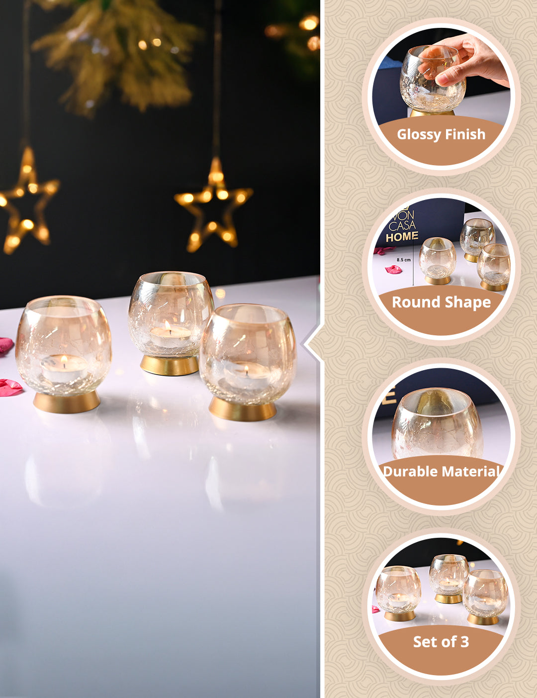 VON CASA Transparent Round Shape T-Light Holder - Set of 3 - MARKET99